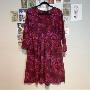 GUDRUN SJODEN COTTON ROUND NECK LONG SLEEVE PLEATED LAGENLOOK KNEE LENGTH DRESS